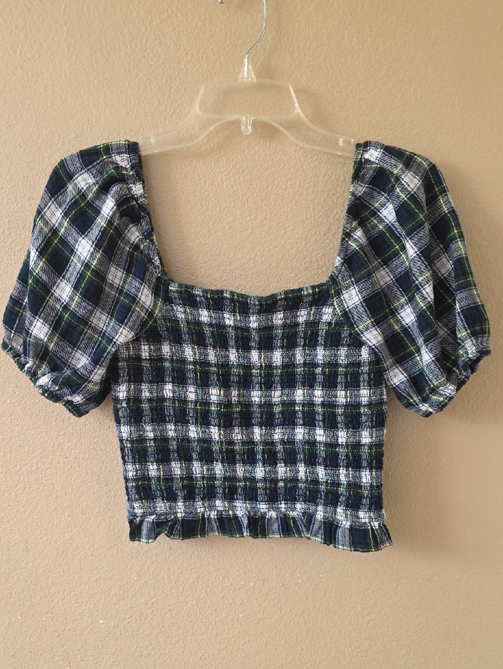 American Eagle Green Black Plaid Tartan Smocked Botice Top - Size Small